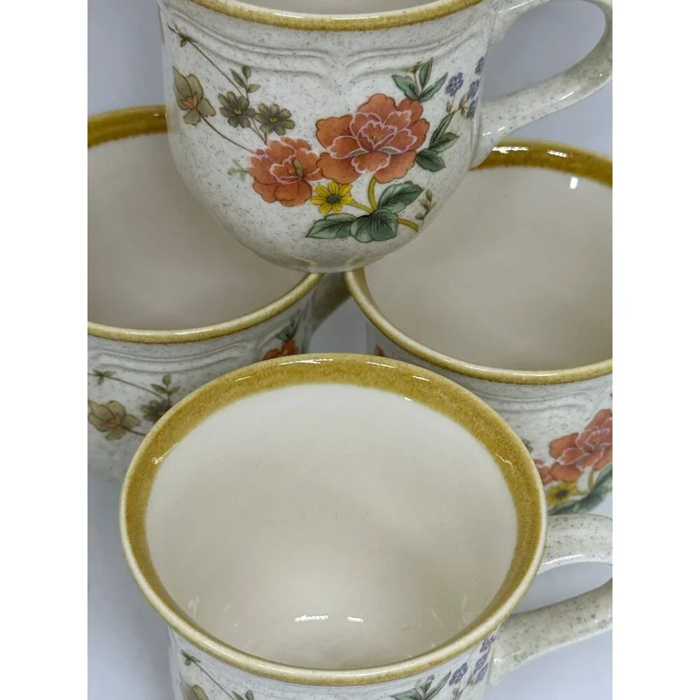 VTG Mikasa‎ Silk Bouquet Garden Club 4 Coffee Tea Cups Floral Stoneware 3.5
